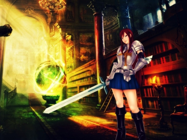 Девушка держит меч в руке, аниме Scarlet Erza