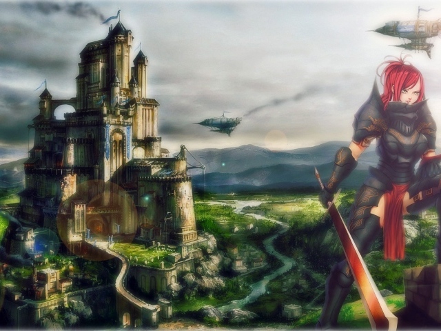 Девушка на фоне замка в аниме Сказка о хвосте феи