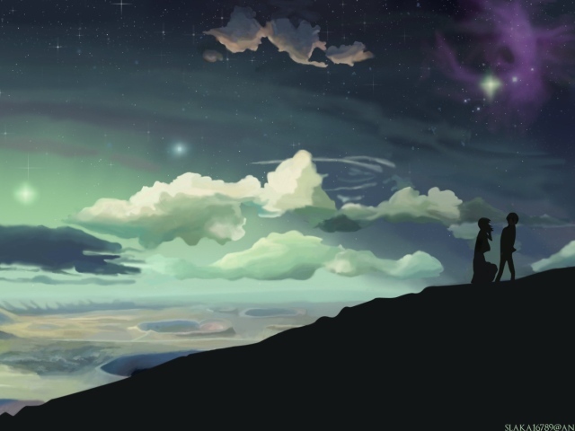 Силуэты двух человек на холме в аниме 5 Centimeters Per Second