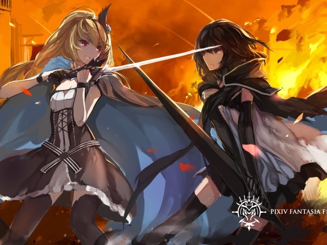 Две девушки на фоне огня, аниме Pixiv Fantasia