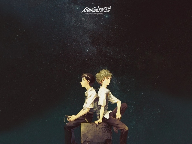 Два парня сидят на камне и слушают музыку, аниме