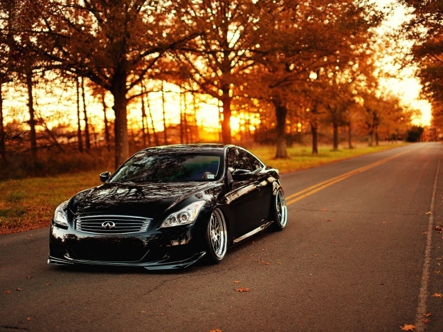 Черный Infiniti на шоссе среди осенних деревьев