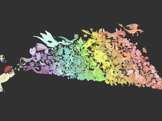 Стая летающих покемонов на сером фоне