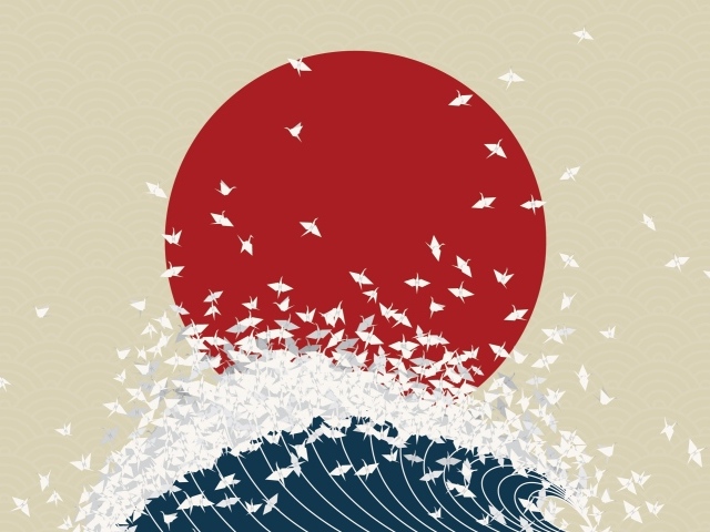Птицы взлетают из волны на фоне флага Японии