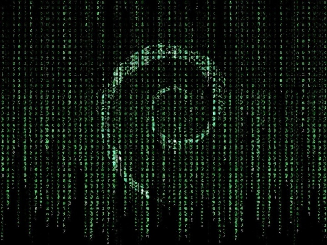 Символ Debian на фоне матрицы