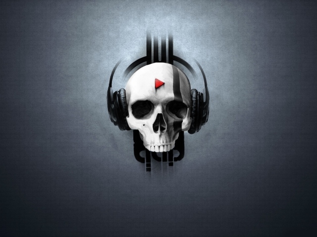 Череп в наушниках, серый фон