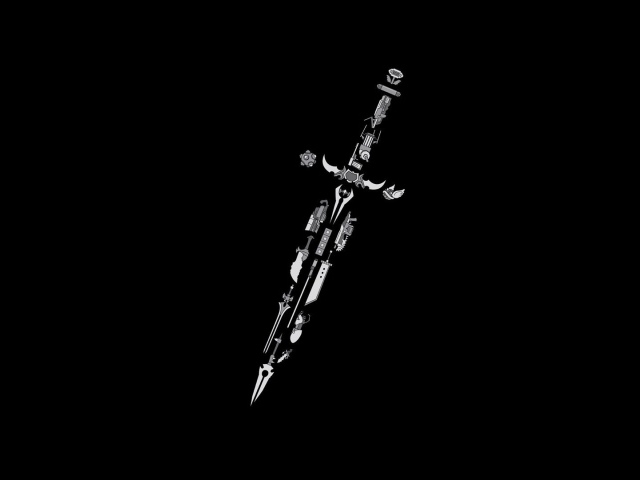 Меч из элементов разных игр, черный фон