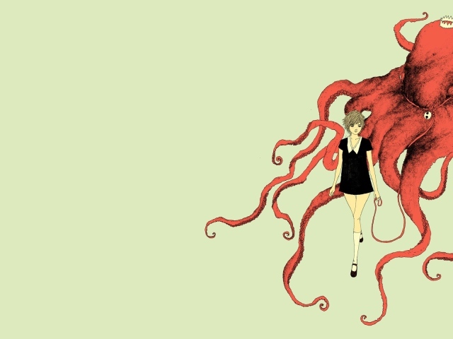Девушка и красный осьминог, светлый фон