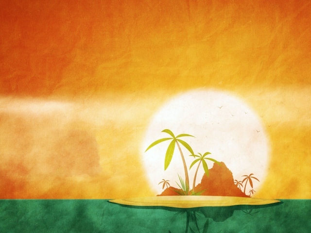 Тропический остров, оранжево зеленый фон