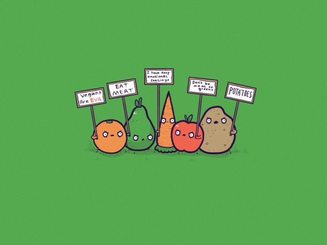 Овощи проводят митинг, зеленый фон