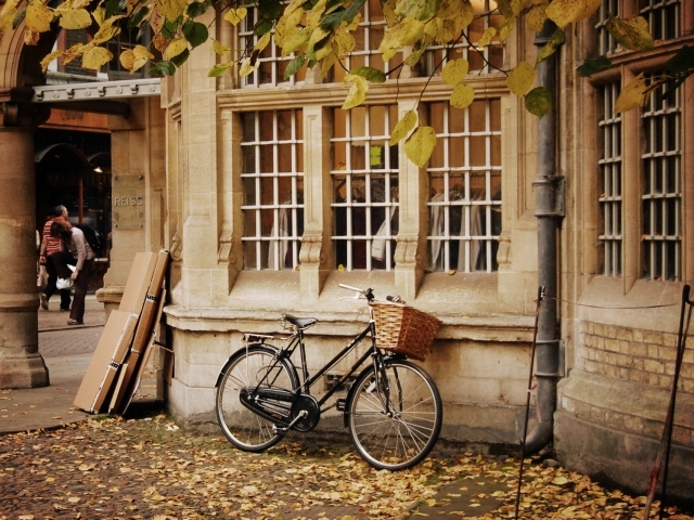 Велосипед с корзинкой у стены