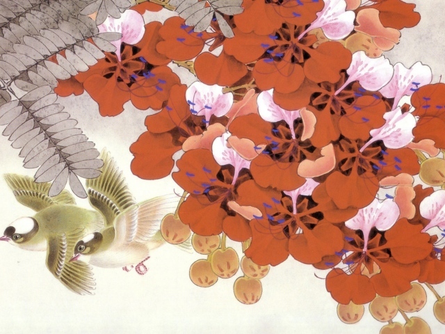 Птицы среди красных цветов, японская живопись