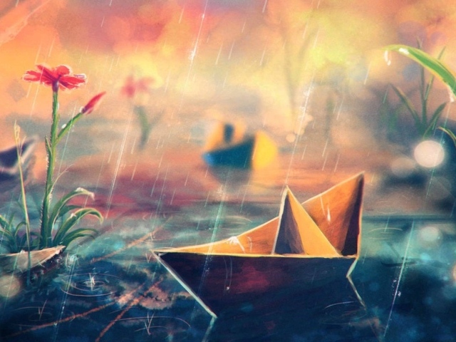 Бумажный кораблик под дождем, рисунок