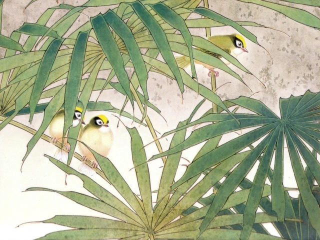 Семья птиц в зарослях, японская живопись