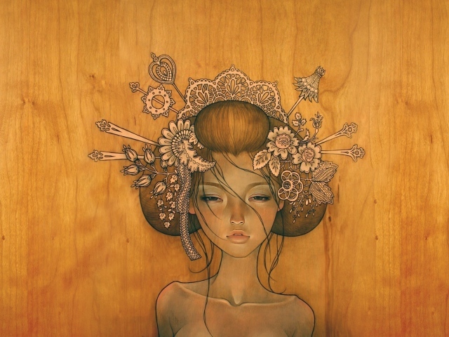 Девушка нарисованная на деревянной поверхности