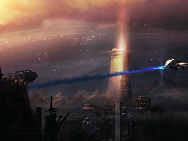 Огромный космический корабль над горами