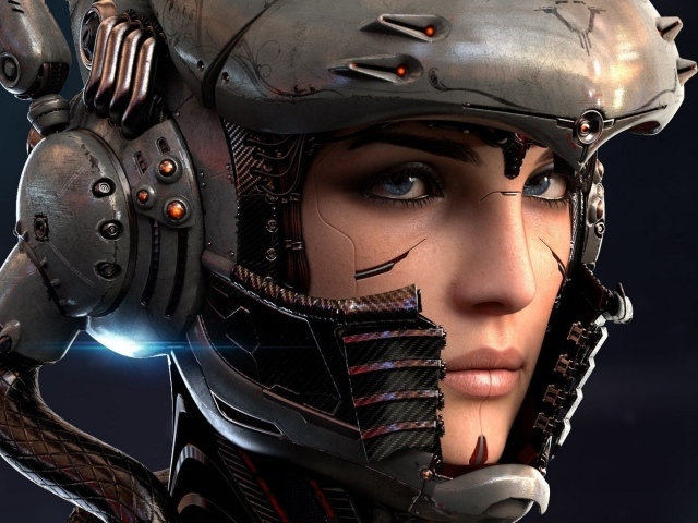 Голубоглазая девушка киборг в шлеме