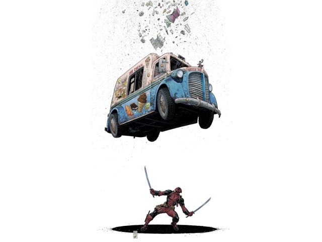 Автомобиль падает на Дэдпула