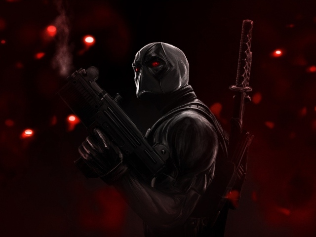 Злой персонаж Дэдпул на красном фоне