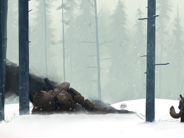 Поверженный робот в зимнем лесу