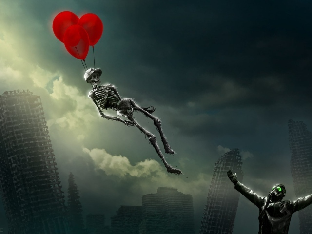 Скелет улетает на воздушных шариках