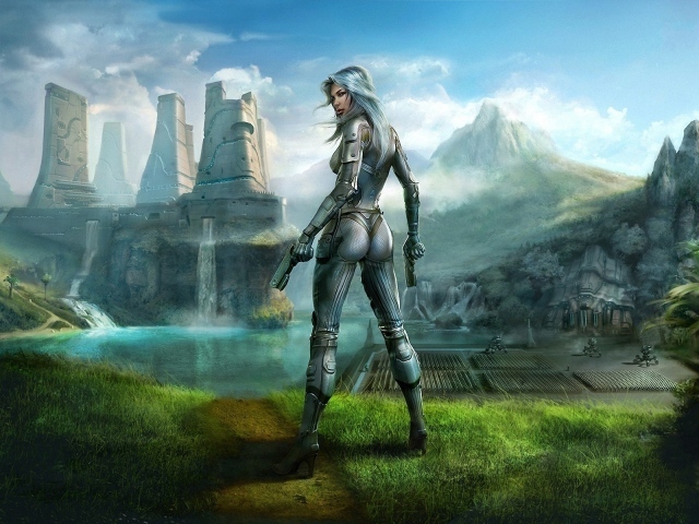 Девушка в скафандре в городе будущего