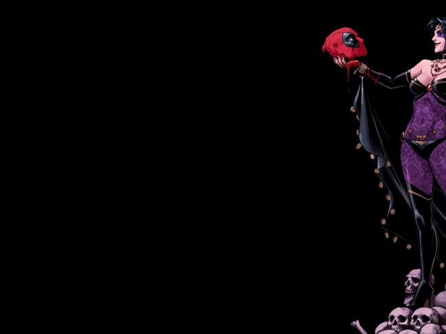 Девушка держит в руке голову Дэдпула