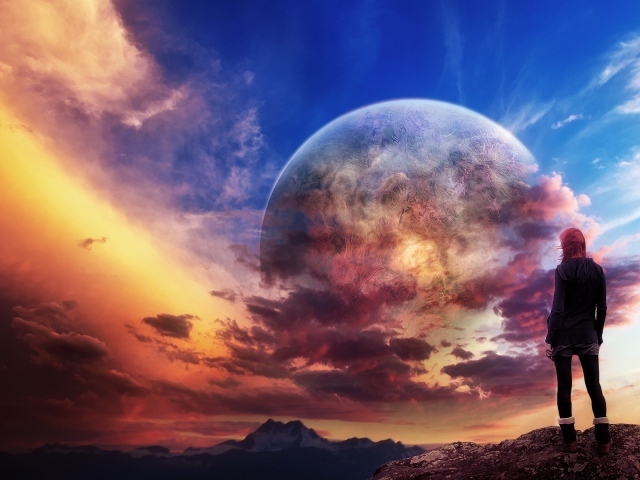 Девушка смотрит на соседнюю планету