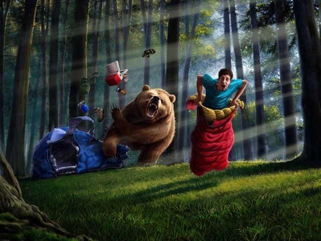 Человек убегает от медведя в спальном мешке