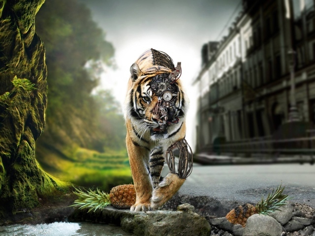 Тигр робот между городом и природой