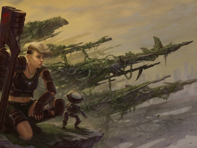 Девушка солдат с роботом помощником