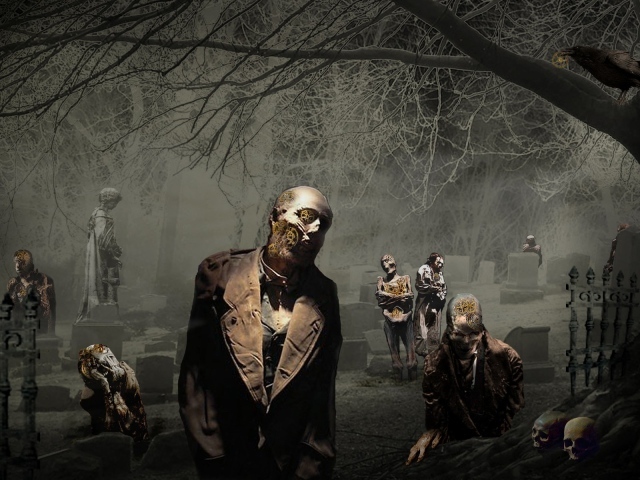 Зомби среди памятников на кладбище