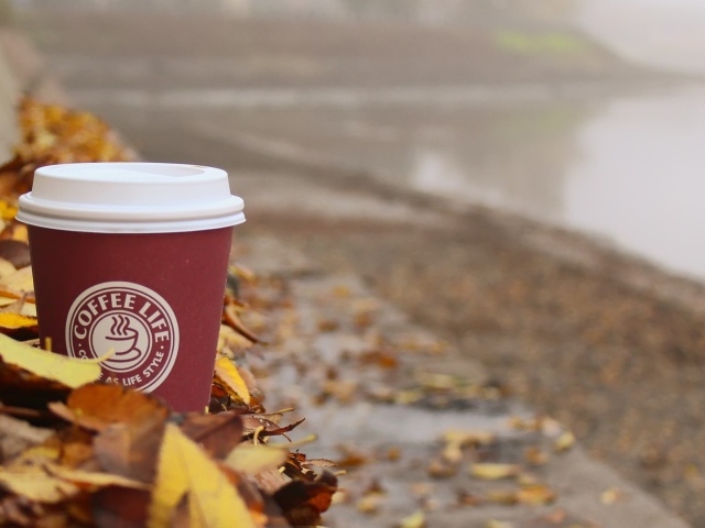 Стакан кофе из Старбакс среди листьев