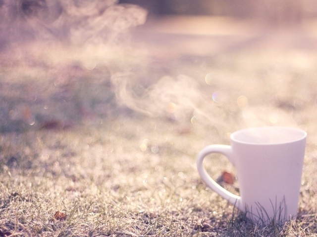 Дымящаяся чашка на траве