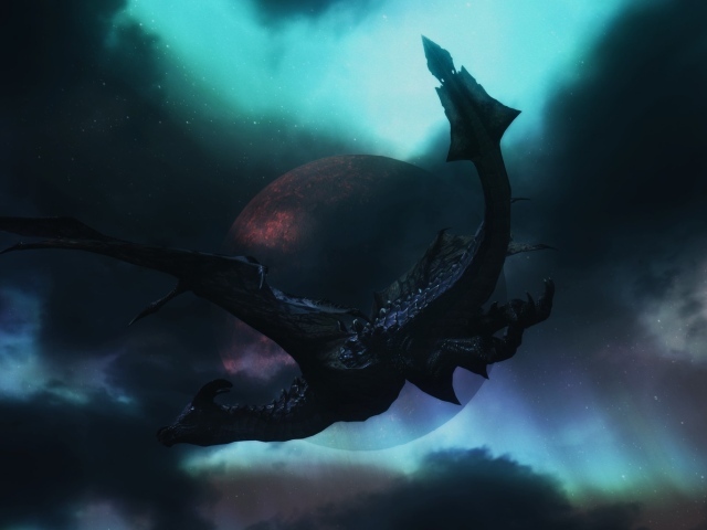 Черный дракон на фоне планеты в игре The Elder Scrolls V Skyrim