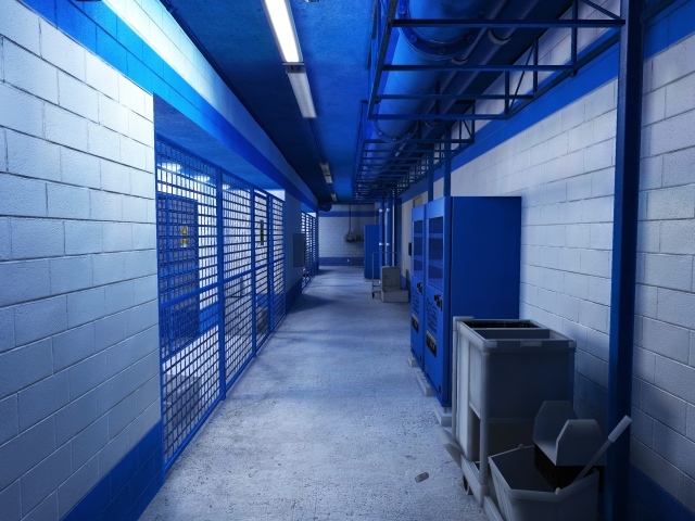 Голубой интерьер подвала, игра Mirror's Edge