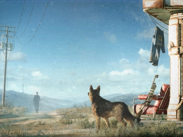 Собака встречает охотника в игре Fallout 4