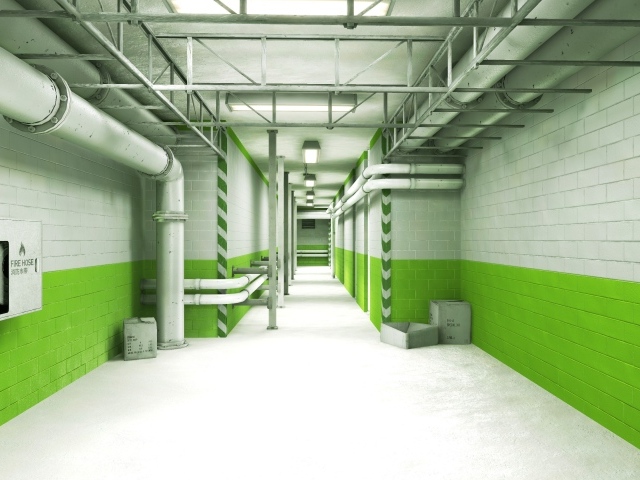 Зеленый интерьер подвала, игра Mirror's Edge
