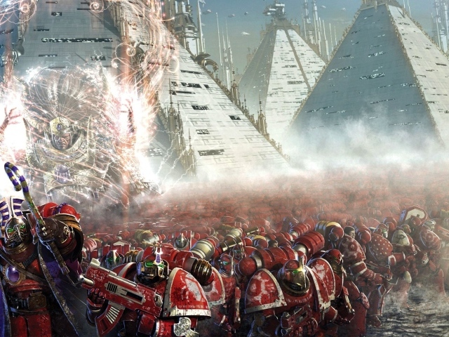 Солдаты на фоне пирамид в игре Warhammer 40000