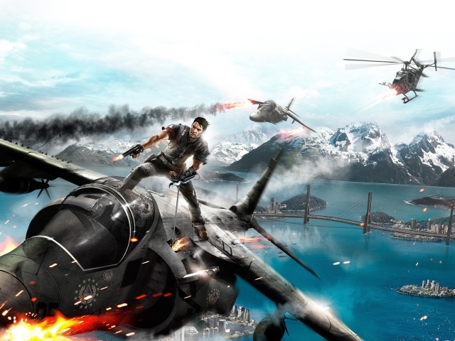 Герой игры Just Cause 2 на крыше истребителя