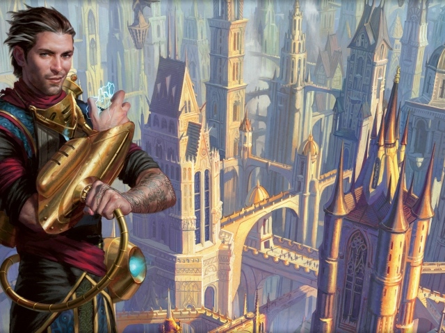 Герой игры Magic the Gathering на фоне города