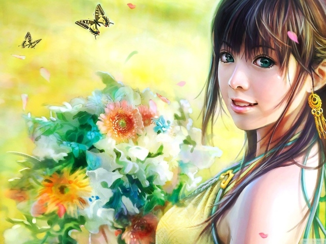 Милая японская девушка с букетом цветов