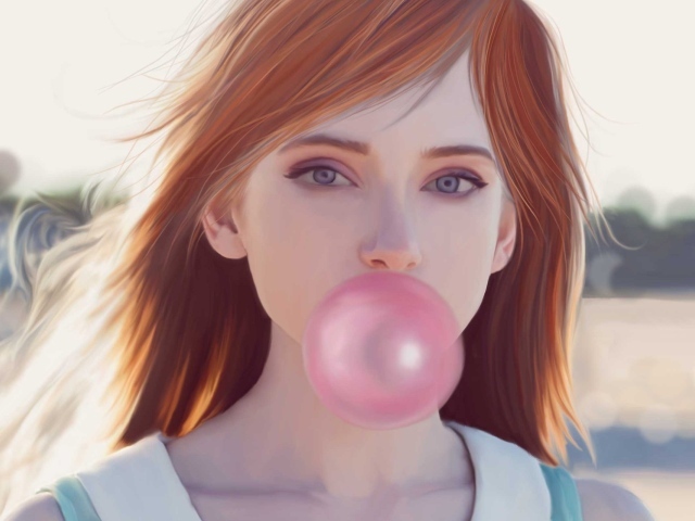 Рыжая девушка с розовой жевачкой