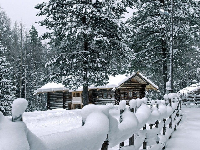 Деревянный дом в чаще зимнего леса