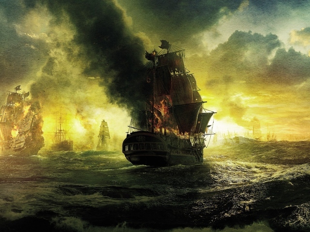 Горящие корабли после сражения, картина