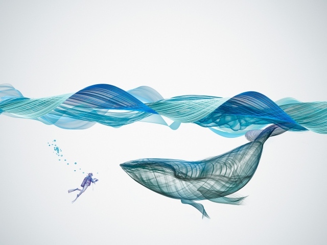 Большой кит и водолаз под водой 3д графика