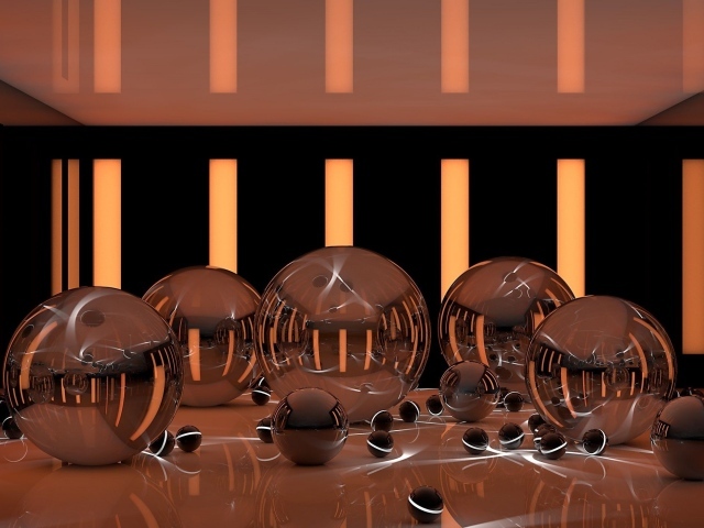 Глянцевые шары на поверхности с неоновыми полосками 