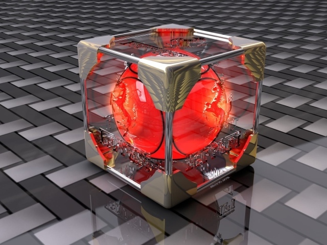 Красный шар в стеклянном кубе 3D графика 