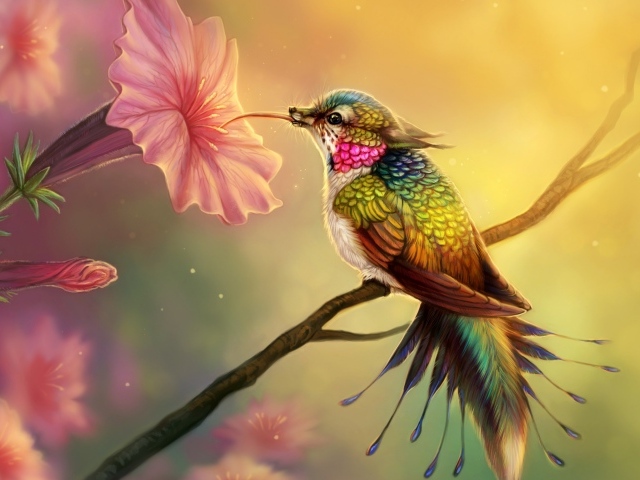 Фантастическая птица колибри пьет нектар из цветка