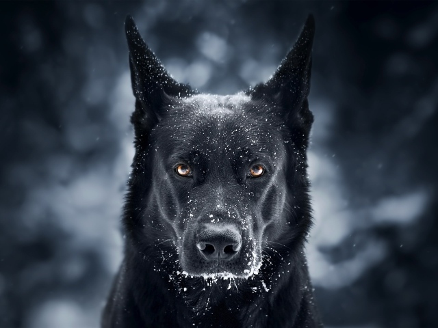 Большой черный пес с мордой в снегу 